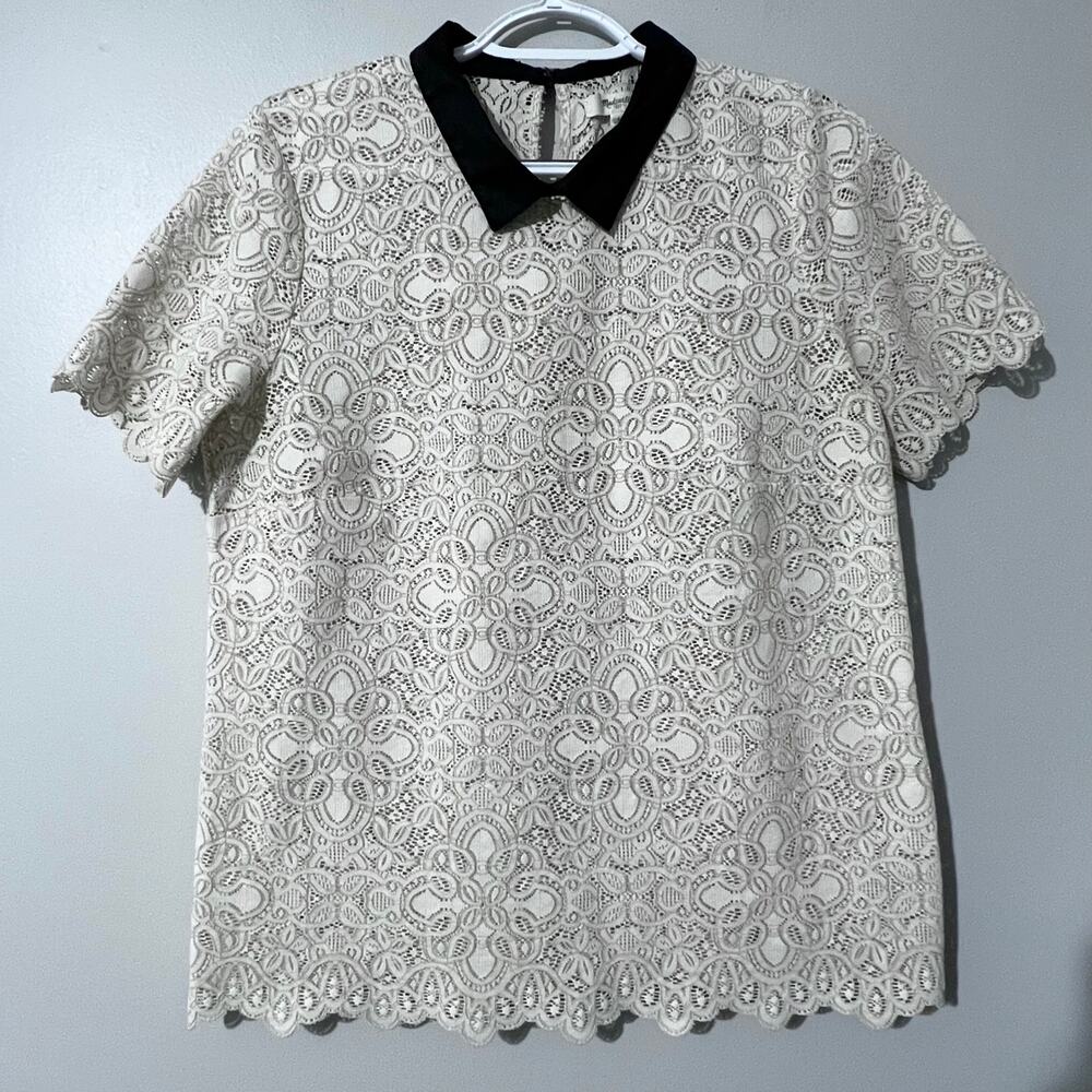 Madewell Lace Blouse Top Peter Pan Collar Ivory Black Short Sleeve Women’s Large